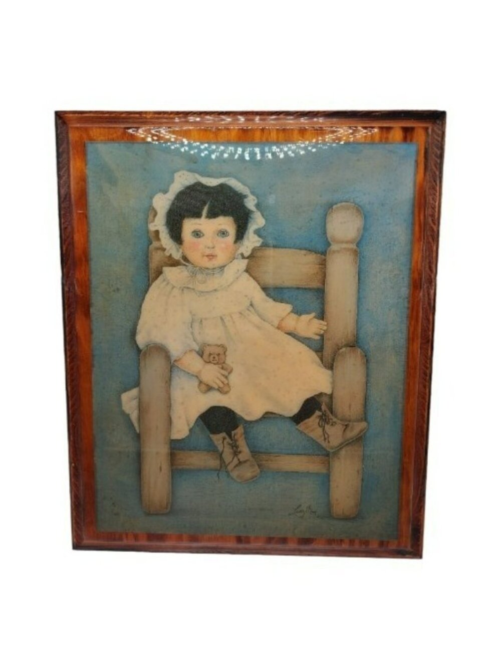 Art Print On Board Lacquered Signed Langston Victorian Baby Girl Teddy Bear
